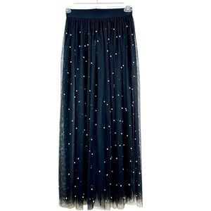 Black Tulle Mesh Maxi Skirt Pearl Detail Sz M